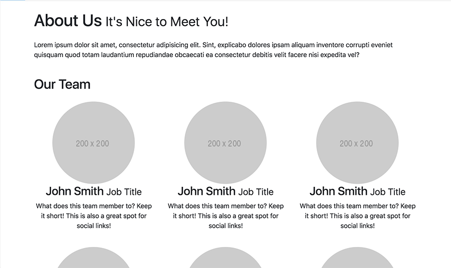 A Bootstrap 4 example layout with an about section and team members