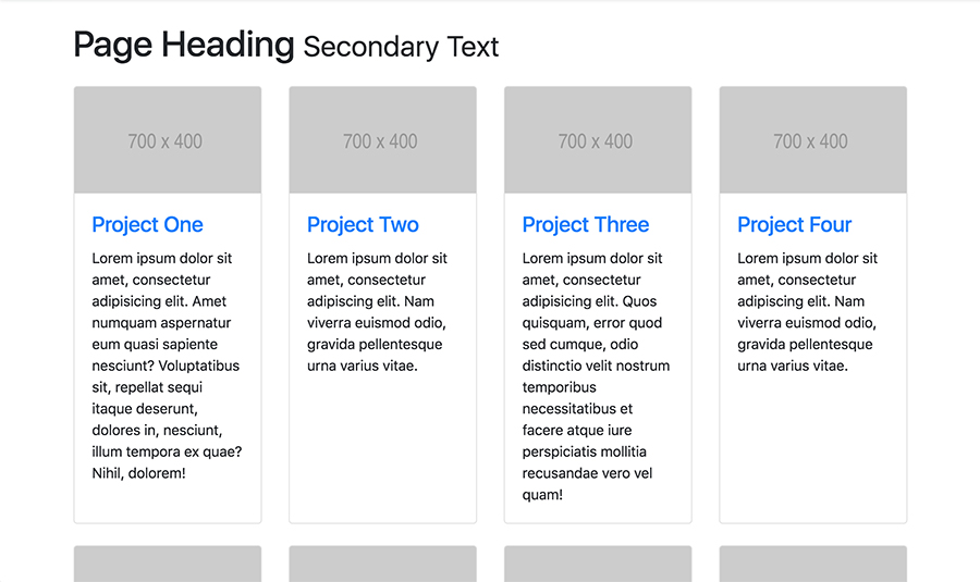 A basic portfolio page layout snippet with four content columns and equal card heights built with Bootstrap 4